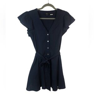 Lulu's Navy Ruffled Mini Dress Flounced Sleeve and Hem Front Button Lined